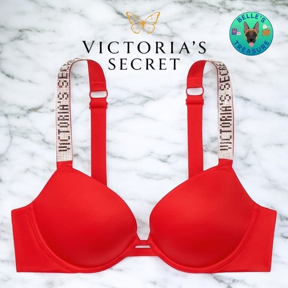 Victoria's Secret Push-Up Sexy Bra Red Sparkly Rhinestone Shine Straps 38DD 38E - Picture 1 of 10